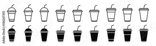 Coffee cup icons vector set in line and flat style. Disposable coffee cup with straw. Coffee paper cup, plastic container for hot and cold drink, juice, tea, cocoa and other. Vector illustration