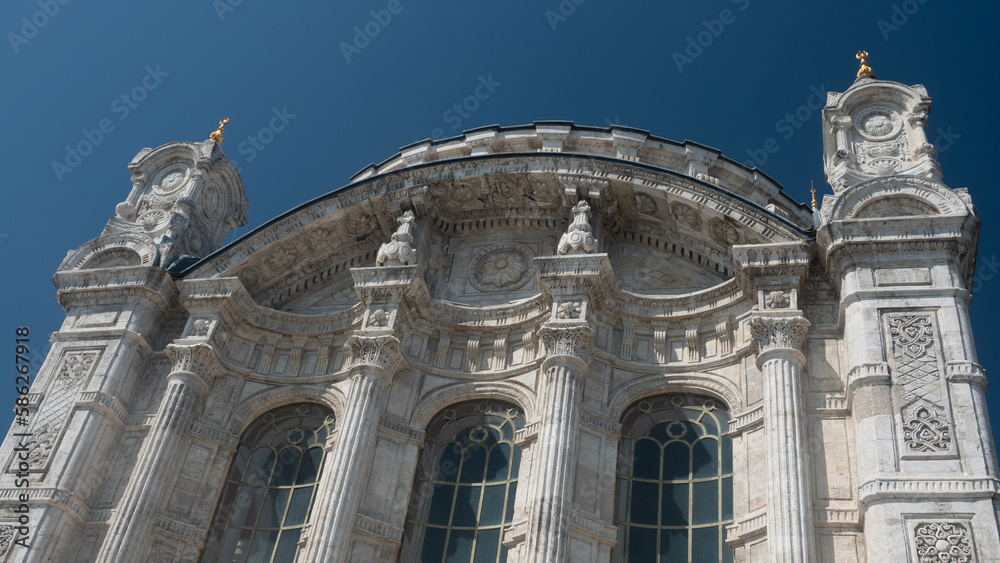 Detail of Ortakoy Mosque also known as Büyük Mecidiye Camii in Beşiktaş, Istanbul, Turkey. It was built in 1853 in baroque style. Rococo and Hellenistic architecture heritage of Ottoman empire