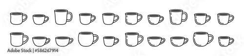 Coffee cup icon vector set in line style. Coffee, tea, drinks, cocoa cup or mug sign and symbol. Vector illustration
