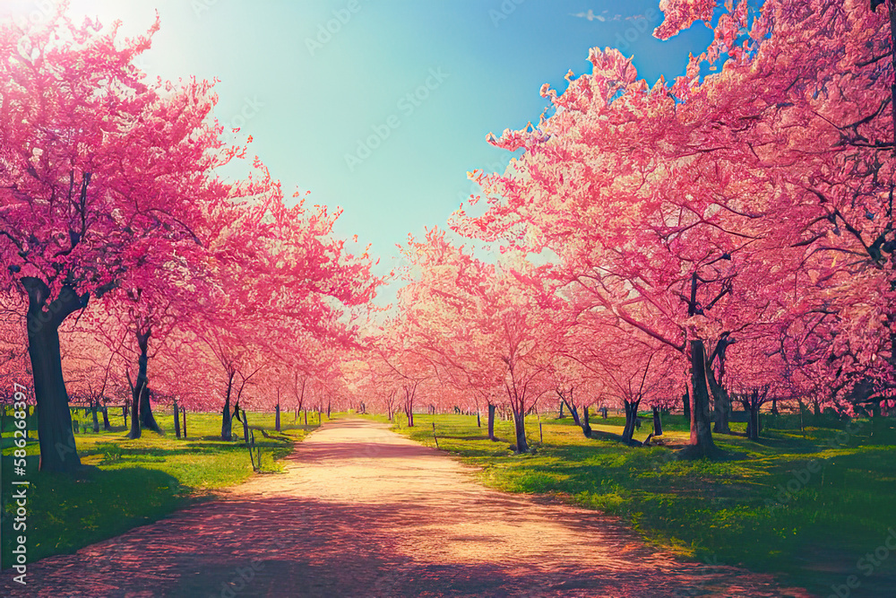 A picturesque park awash with the delicate shades of pink and red as cherry or maple trees come into bloom, heralding the start of the spring season. Ai generated.