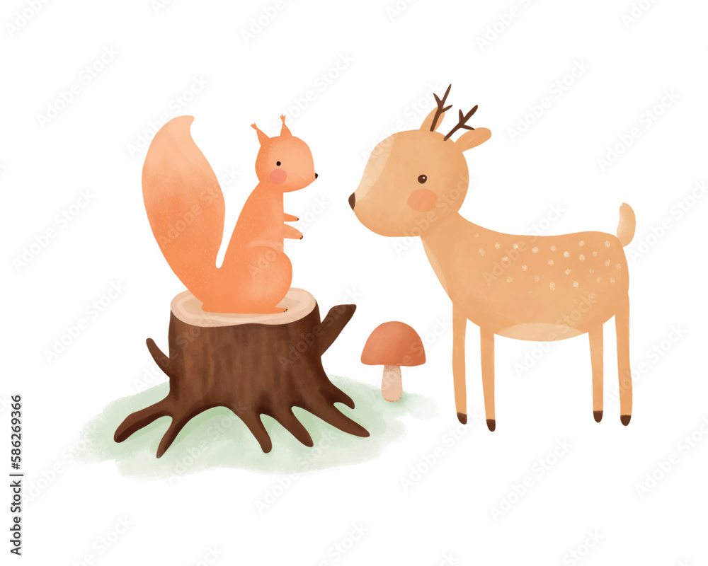 Cute Little Stag and Squirrel  Holding Flower.Lovely Nursery Vector Art with Sweet Ginger Baby Squirrel and Funny Deer on a White Background.Hand Drawn Woodland Print ideal for Card, Wall Art, Poster.