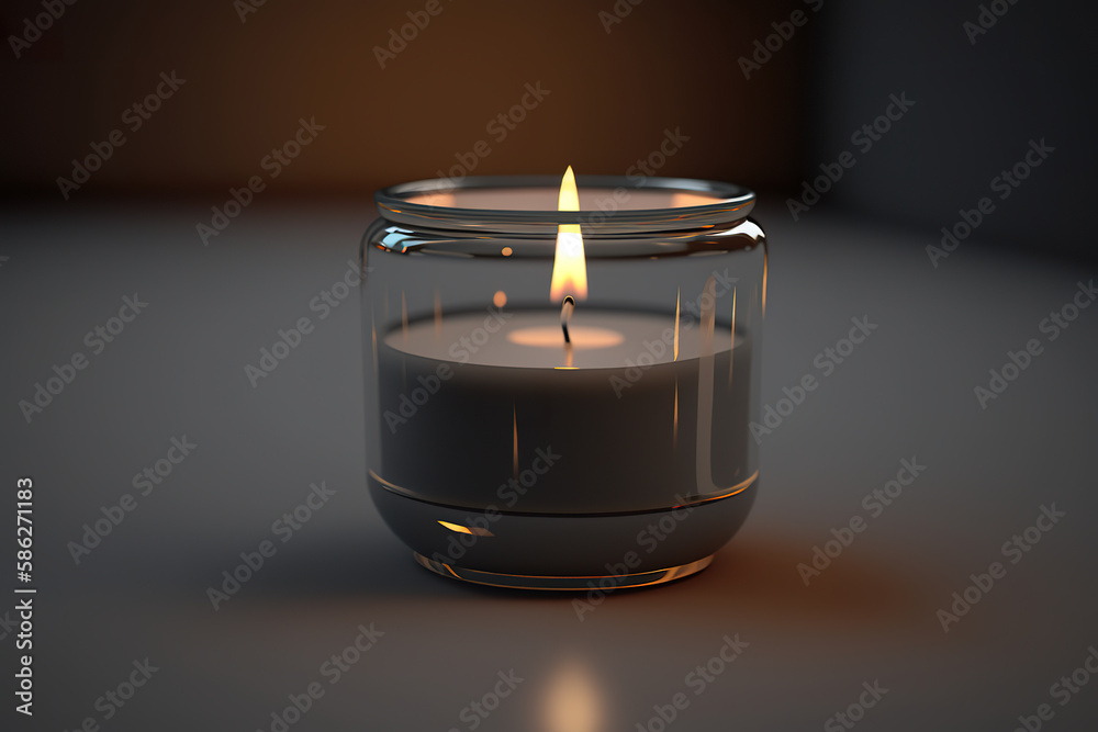Burning candle hot flame in glass candlestick. Lit small candle. Candle in a glass beaker on a black background. Realistic 3D illustration. Creative AI Burning candle hot flame in glass candlestick. Lit small candle. Candle in a glass beaker on a black background. Realistic 3D illustration. Creative AI
