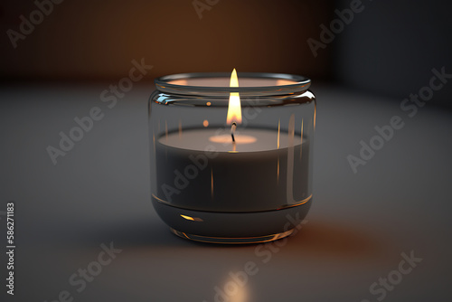 Burning candle hot flame in glass candlestick. Lit small candle. Candle in a glass beaker on a black background. Realistic 3D illustration. Creative AI