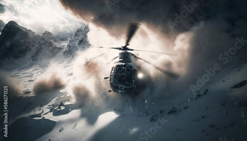 Accident helicopter crashed in mountains snow winter. Generation AI