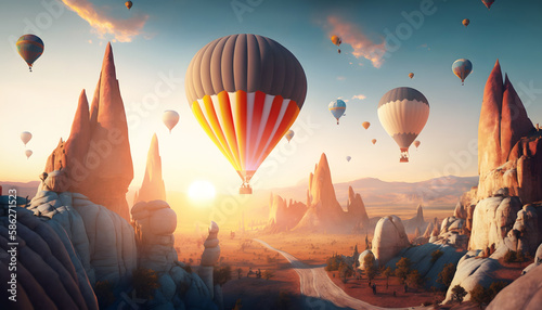 Amazing Landscape in Cappadocia with colorful hot air balloon fly on sunset. Concept country Turkey travel. Generation AI.