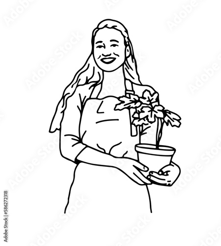 Happy woman gardener with a tree in a pot. Line illustration. Isolated on white background.
