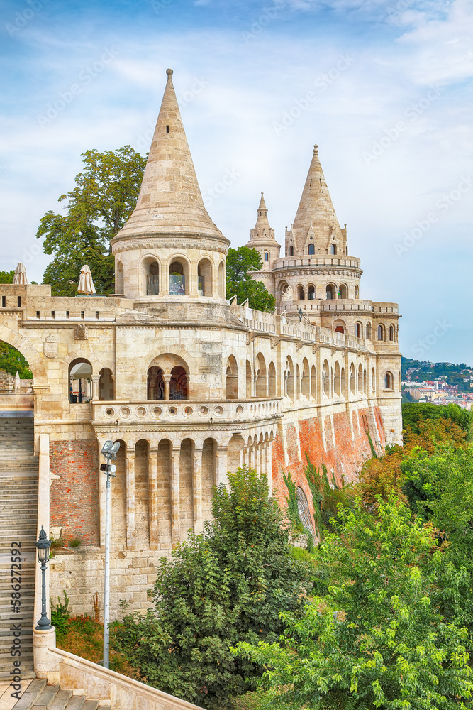 Amazing view of Fisherman Bastion on the Buda Hill in Budapest.
