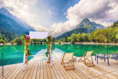 Incredible landscape on Jasna lake with beautiful reflections of the mountains. photo