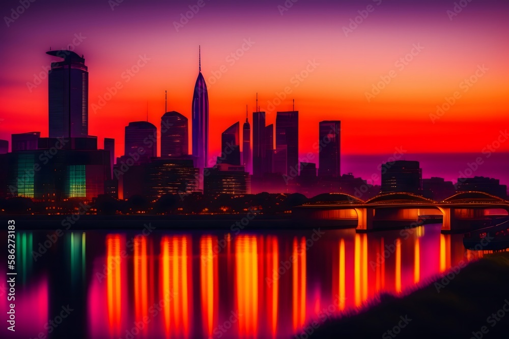 Rendering of Bustling Sunset Cityscape. Generative AI. 