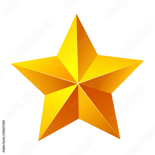 Gold 3D star with gradient colors. Isolated vector and PNG illustration on transparent background.