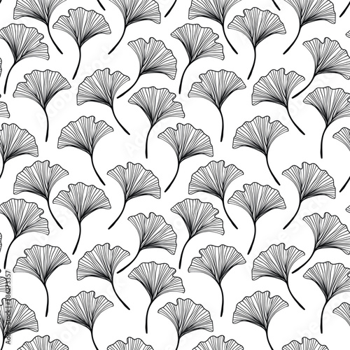 Seamless floral pattern with ginkgo biloba leaves. Art flowers on color background. Decorative sceleton leaf. Vector hand drawn illustration. Minimal linear style