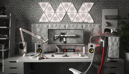A general view of the comfortable workplace of a professional gamer and cybersprotsman. The interior is in white colors. 3D render.