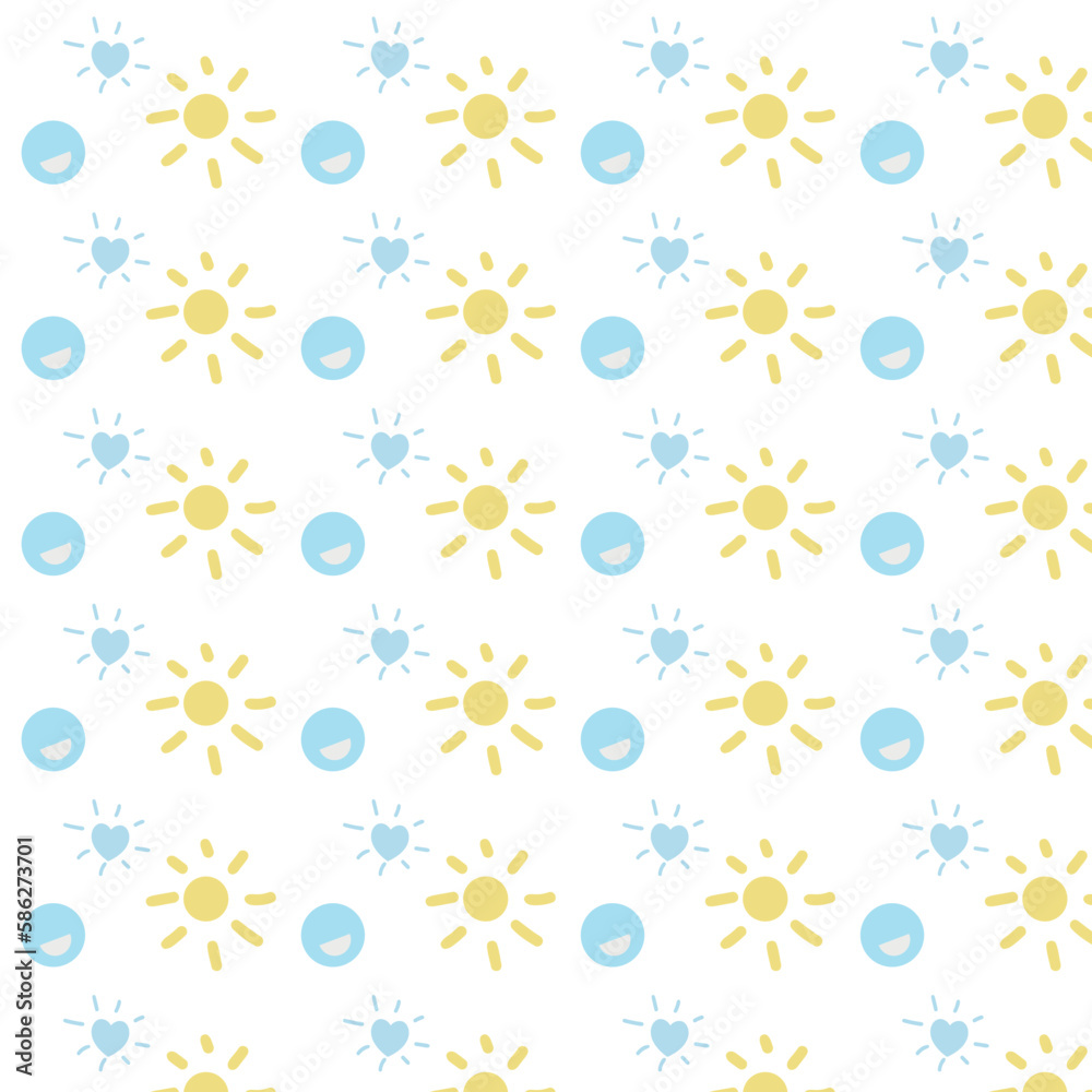 A pattern with yellow and blue sun and clouds. A pattern with yellow and blue sun and clouds.