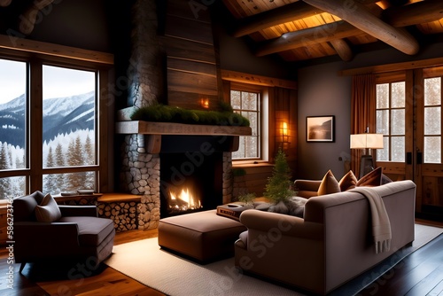 Rendering of  Cozy Mountain Chalet Interiors . Generative AI. 