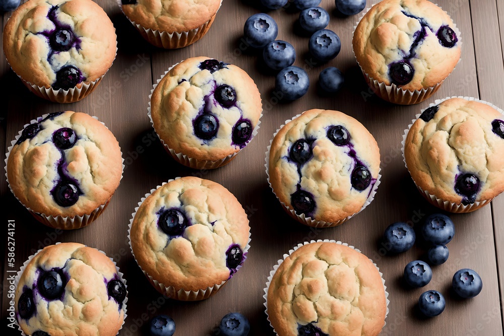 Blueberry Muffins with Ingredients, generative art by A.I.
