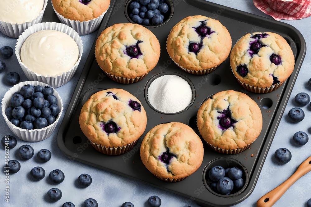 Blueberry Muffins with Ingredients, generative art by A.I.