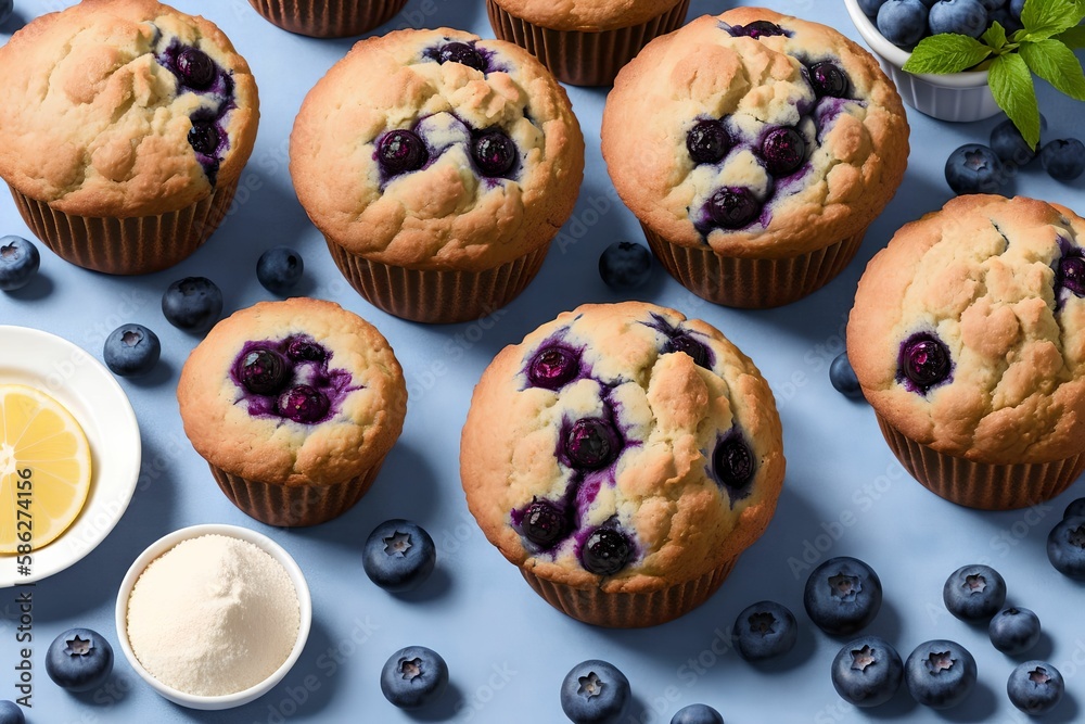 Blueberry Muffins with Ingredients, generative art by A.I. Blueberry Muffins with Ingredients, generative art by A.I.
