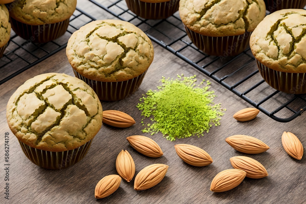 green tea muffins with slice almond, generative art by A.I. green tea muffins with slice almond, generative art by A.I.