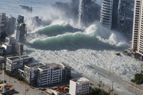 tsunami wave flood destroy city building, generative art by A.I.