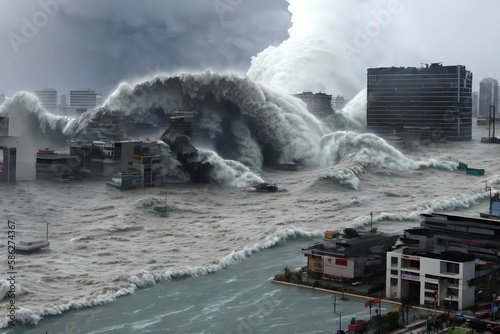 tsunami wave flood destroy city building, generative art by A.I.
