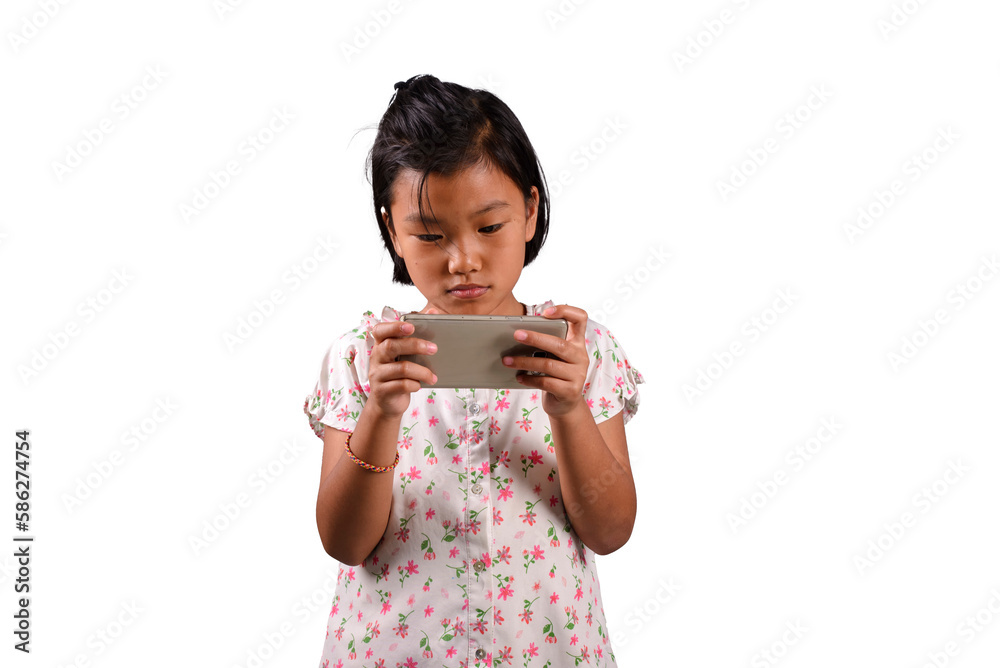 Cute Little Girl using smartphone to play video game. Kid holding phone isolated on transparent background, PNG file. Technology Concept. Cute Little Girl using smartphone to play video game. Kid holding phone isolated on transparent background, PNG file. Technology Concept.