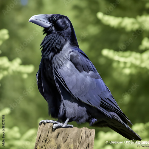 A raven sitting on a wooden pole. Generative Ai.