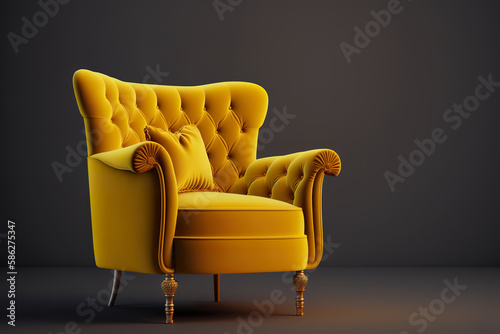 Yellow velvet luxury armchair in living room. Living room with yellow armchair. Warm and inviting atmosphere. Realistic 3D illustration. Creative AI