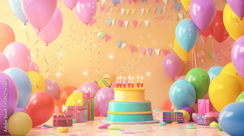 Birthday party decoration, balloon, streamers and gift boxes. Generative AI