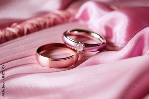 Gold wedding rings with pink silk background