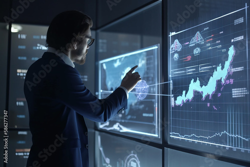 Businessman drawing virtual technical graph and chart for analysis stock market, technology investment and value investment concept. Generative ai