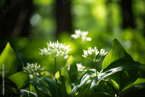 wild garlic leaves with sunshine and blurry forest. Generative Ai