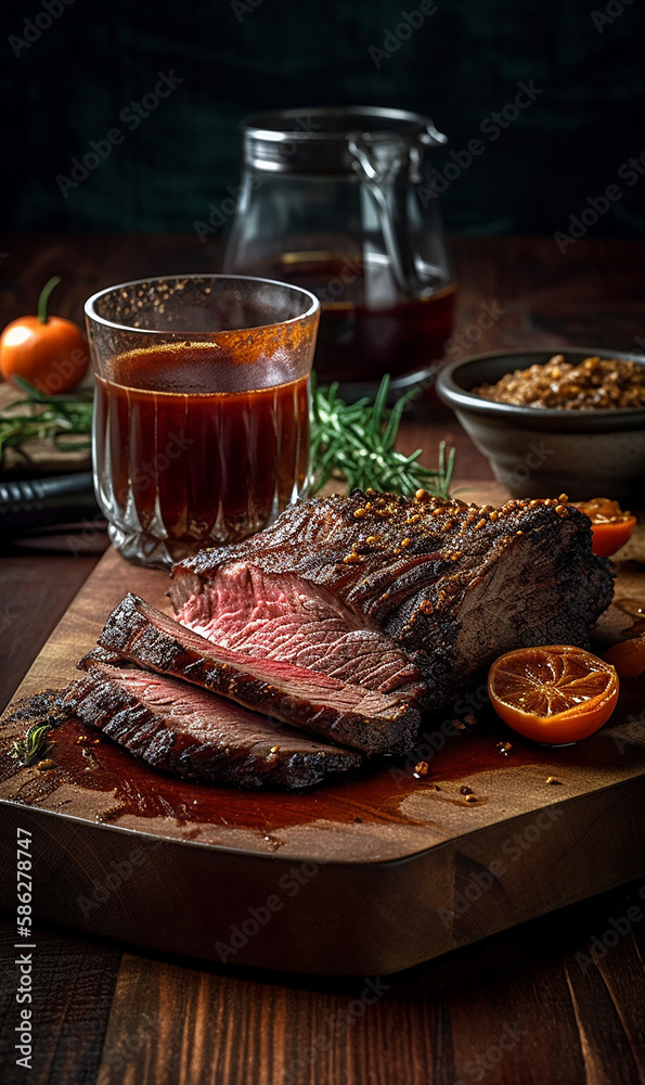 a perfectly roasted beef briske professionally arranged rustic presentation with garnish and a drink. Generative Ai a perfectly roasted beef briske professionally arranged rustic presentation with garnish and a drink. Generative Ai