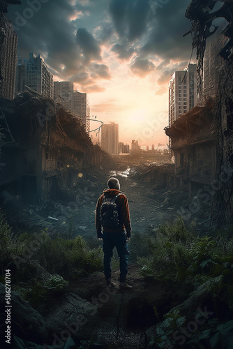 A man standing in a post - apocalyptic cityscape. Generative Ai 