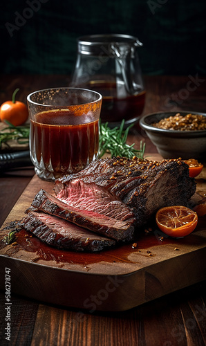 a perfectly roasted beef briske professionally arranged rustic presentation with garnish and a drink. Generative Ai