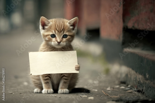 A lonely kitten on the street with a blank sign is looking for help (Generative AI)