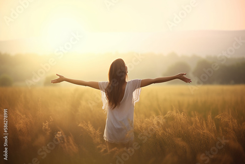 Happy woman standing with her back on sunset in nature iwith open hands. Generative Ai photo