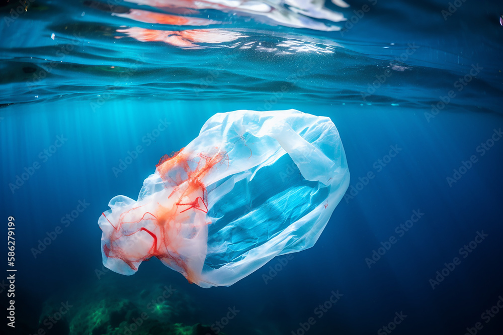 Fototapeta premium Plastic pollution in the ocean. Generative Ai