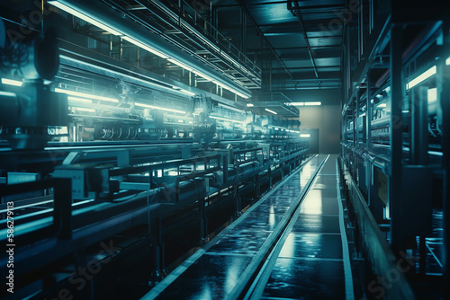 Industrial factory equipment in futuristic blue lights. Generative Ai