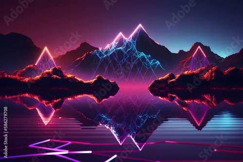 Mountain landscape filled with neon light - created by AI