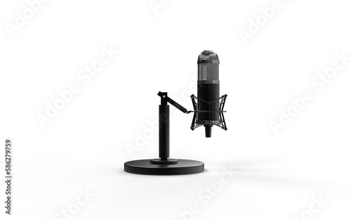 Retro classic microphone on short leg and stand one ground isolated on white solid background realistic look sound equipment 3d rendering image left view