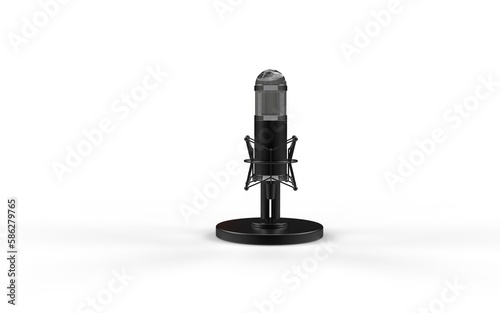Retro classic microphone on short leg and stand one ground isolated on white solid background realistic look sound equipment 3d rendering image front view