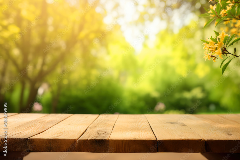 Empty Wooden table for you product space, stock promotion photography , garden background. ai generative Empty Wooden table for you product space, stock promotion photography , garden background. ai generative