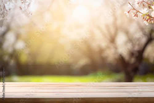 Empty Wooden table for you product space, stock promotion photography , garden background. ai generative