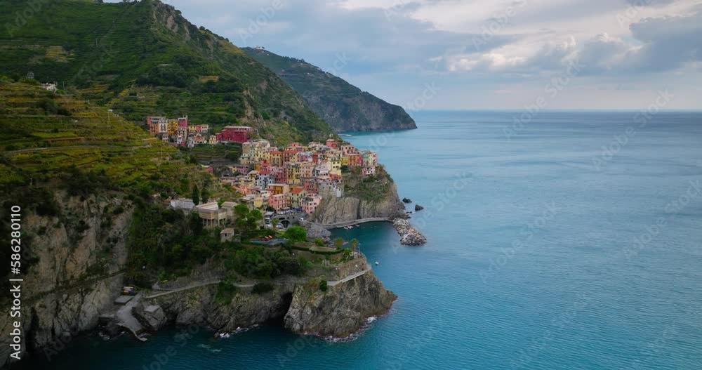Town of Manarola Cinque Terre Italy Liguria famous historic town of colorful houses on the cliffs of Mediterranean Sea Drone view Town of Manarola Cinque Terre Italy Liguria famous historic town of colorful houses on the cliffs of Mediterranean Sea Drone view
