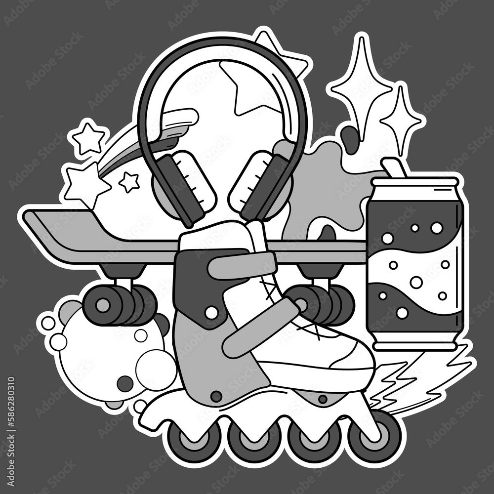 Background with fashion items. Monochrome teenage background. Creative fun symbol in cartoon style.