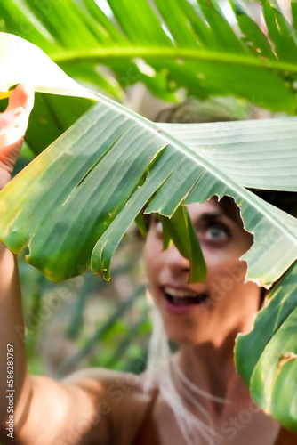 Woman happy portraits yoga biniki jungle beach plants heart mindful joyful asana lifestyle face meditating breath photo