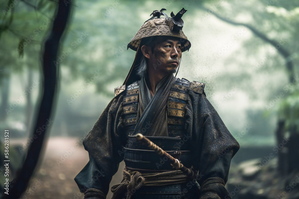 Medieval Japan lone samurai in a green forest. Created with Generative AI technology.