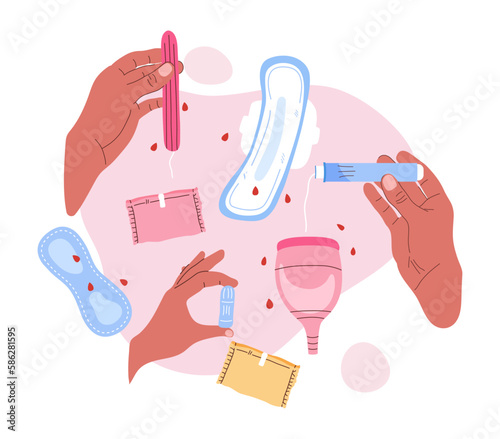 Set of care for a woman during menstruation in a trendy hand drawn style. Vector illustration. Isolated. Period. reproductive system. White background. flat style