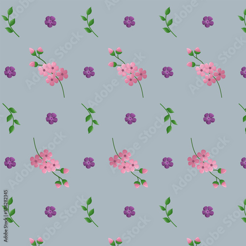 Spring seamless pattern with flowers on a blue background. Delicate pattern with cherry blossoms and green branch. Vector illustration.