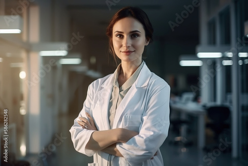 Smiling female doctor looking at the camera in a hospital. Composite with different elements made with generative AI